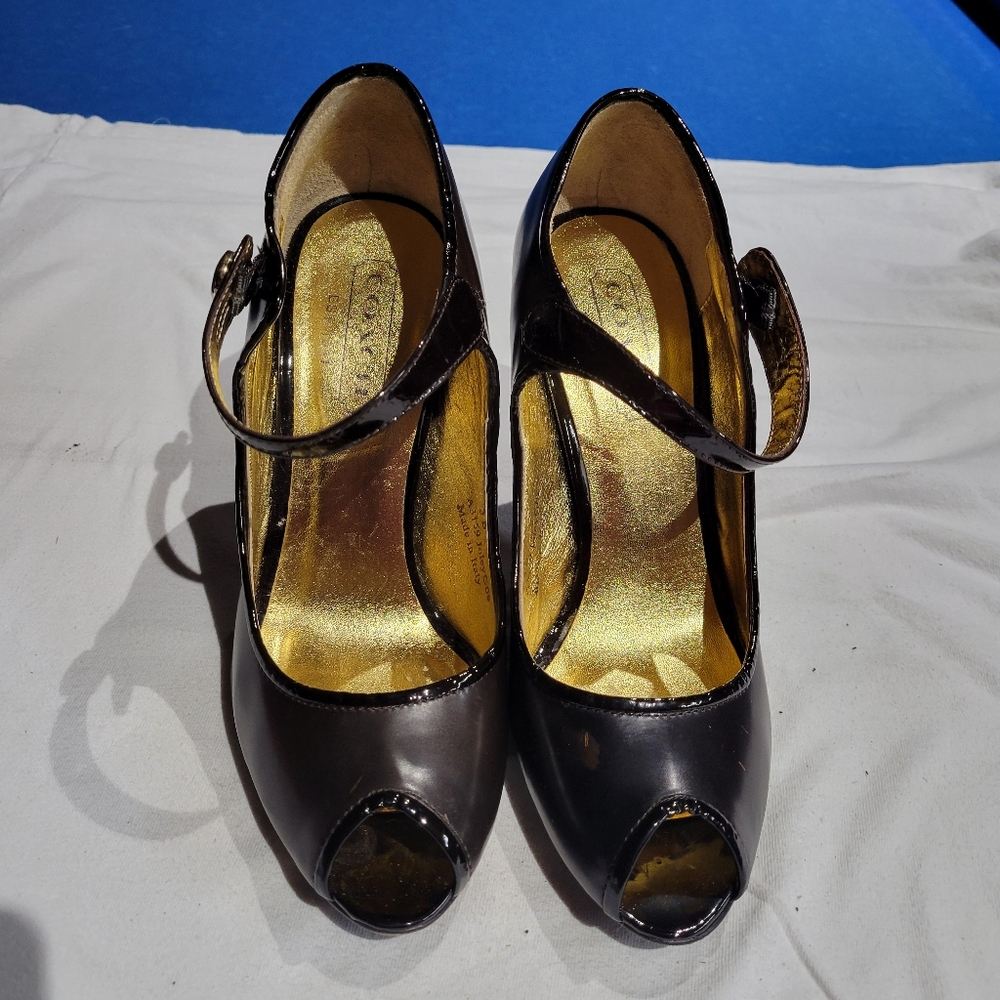 Coach brown leather peep toe Mary Jane's.  SIZE 5